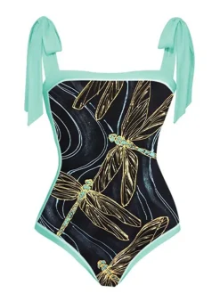 Best Retro Stage 1950s Dragonfly Lace-up Swimsuit & Cover-up Black