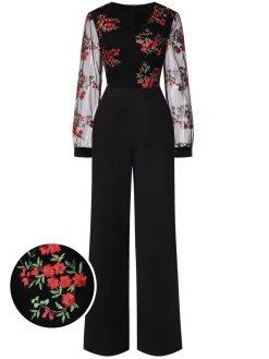 Clearance Retro Stage 1970s Embroidered Floral Jumpsuit Black