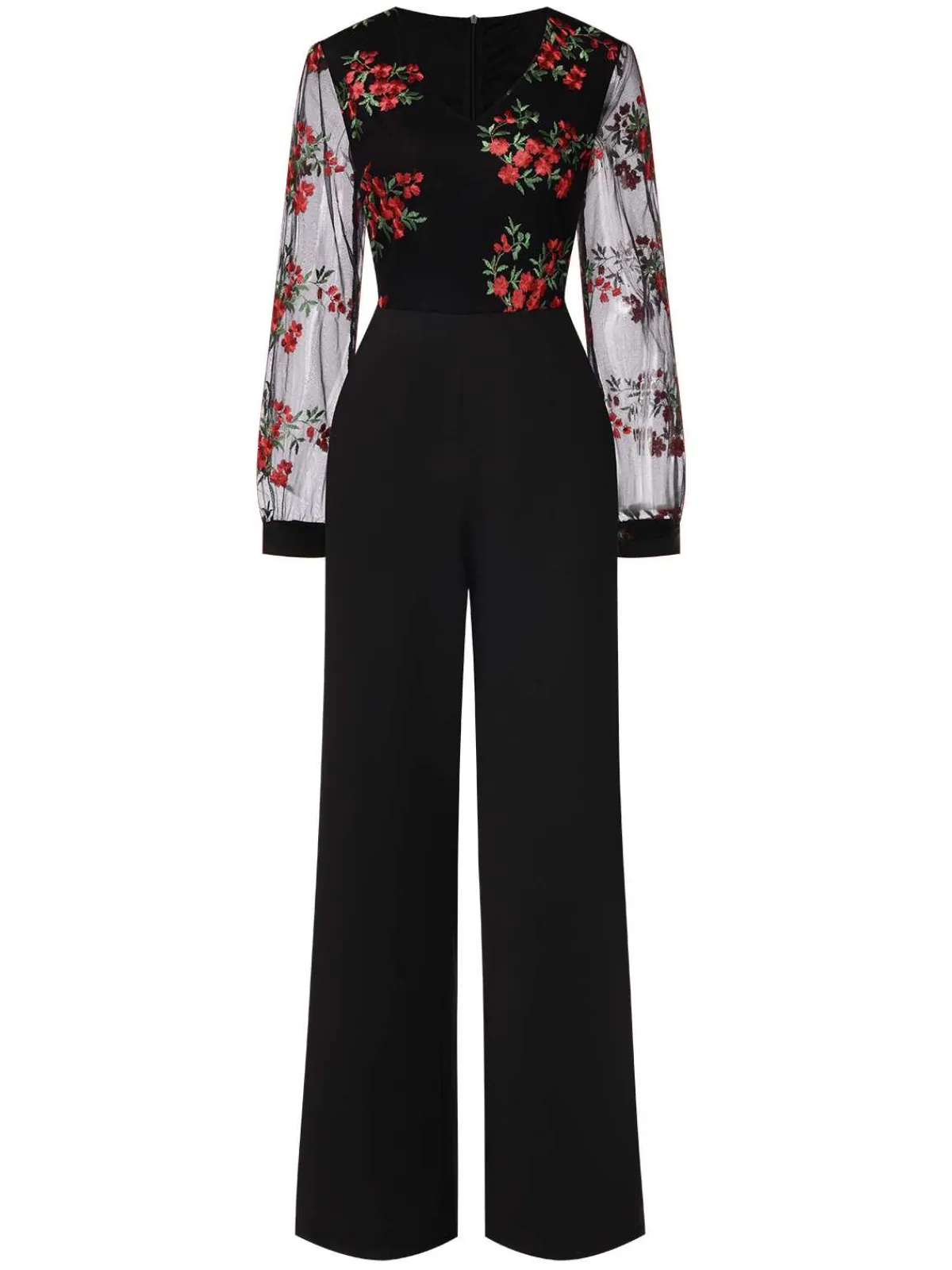 Clearance Retro Stage 1970s Embroidered Floral Jumpsuit Black