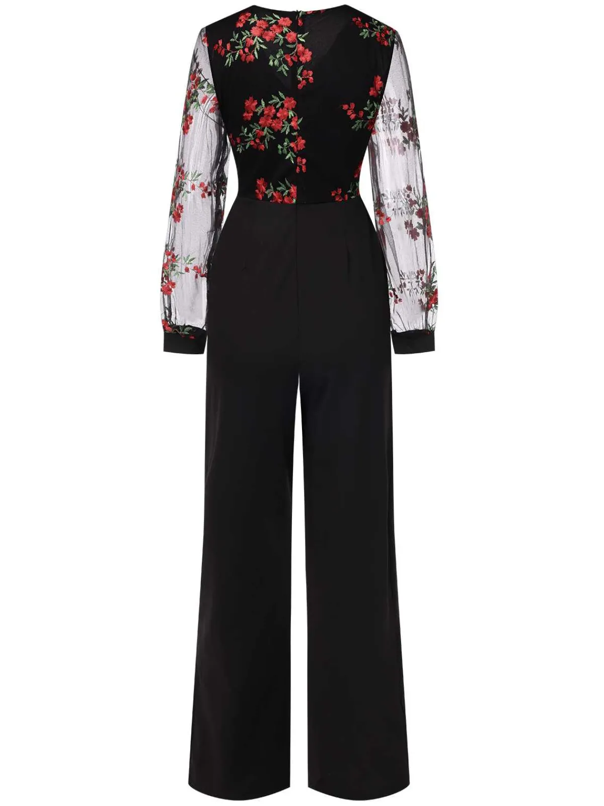 Clearance Retro Stage 1970s Embroidered Floral Jumpsuit Black