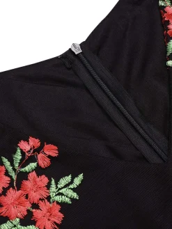 Clearance Retro Stage 1970s Embroidered Floral Jumpsuit Black