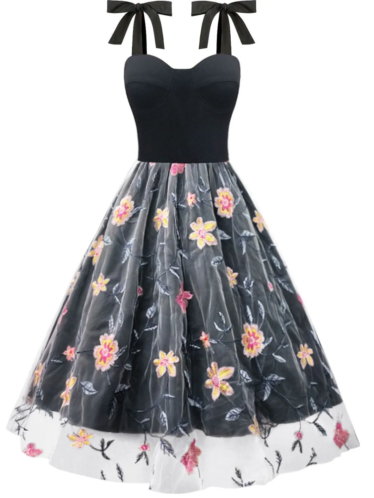Sale Retro Stage 1970s Embroidered Floral Patchwork Mesh Dress Black