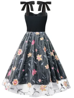 Sale Retro Stage 1970s Embroidered Floral Patchwork Mesh Dress Black