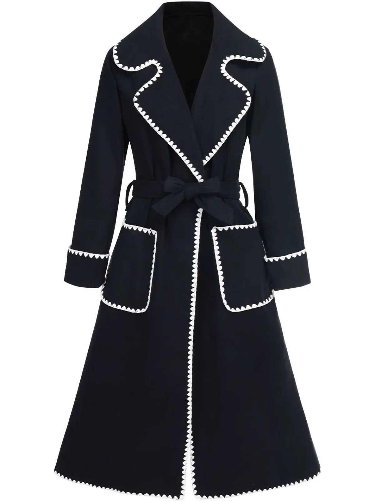 New Retro Stage 1940s Embroidered Lapel Pocket Belted Coat Black
