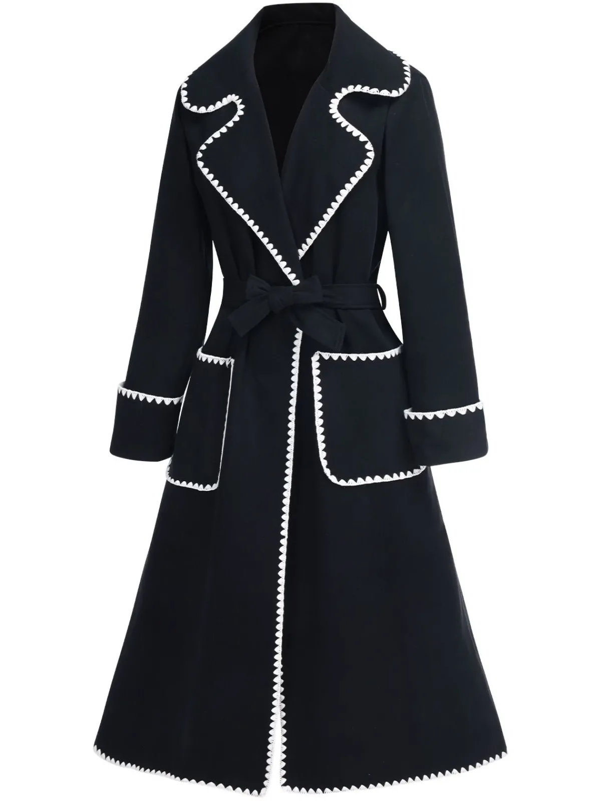 New Retro Stage 1940s Embroidered Lapel Pocket Belted Coat Black