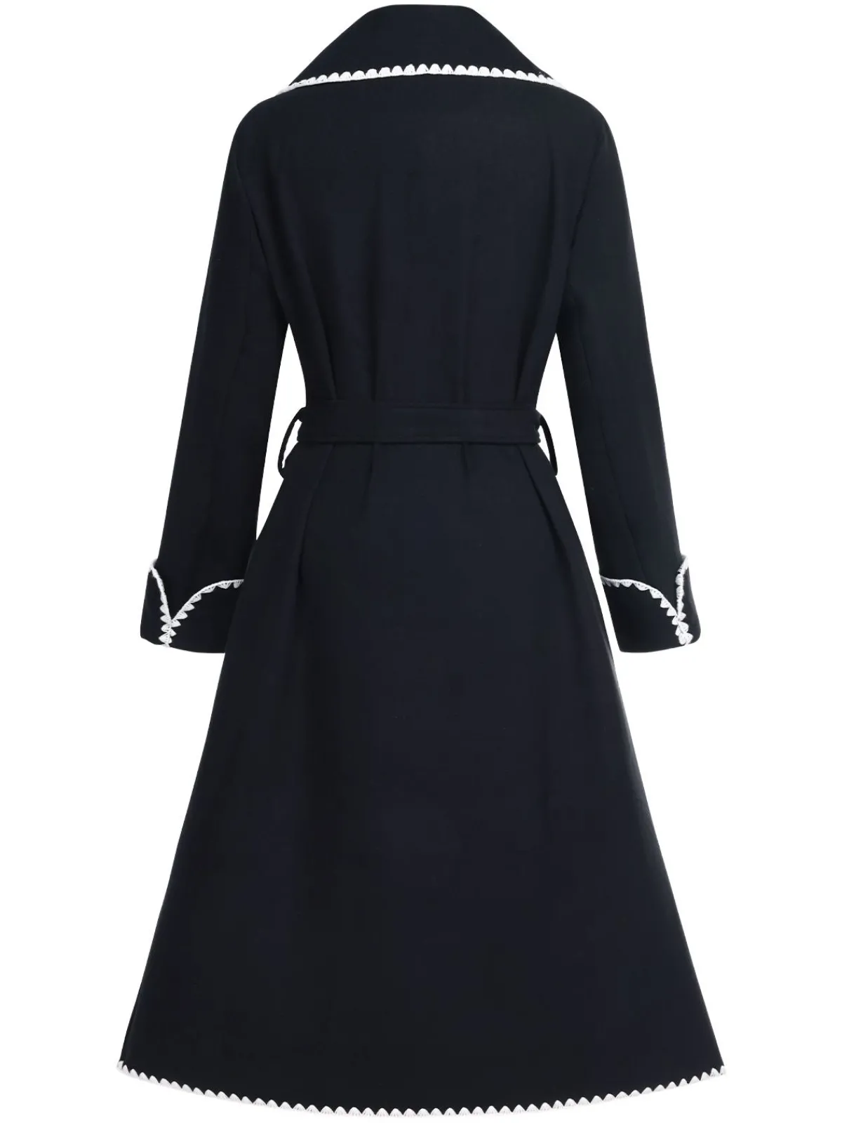 New Retro Stage 1940s Embroidered Lapel Pocket Belted Coat Black