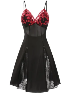 Best Retro Stage 1940s Embroidered Satin Lace Nightdress Black