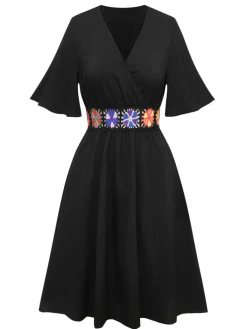 New Retro Stage 1940s Embroidery Boho V-Neck Dress Black