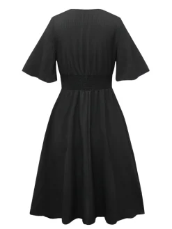 New Retro Stage 1940s Embroidery Boho V-Neck Dress Black