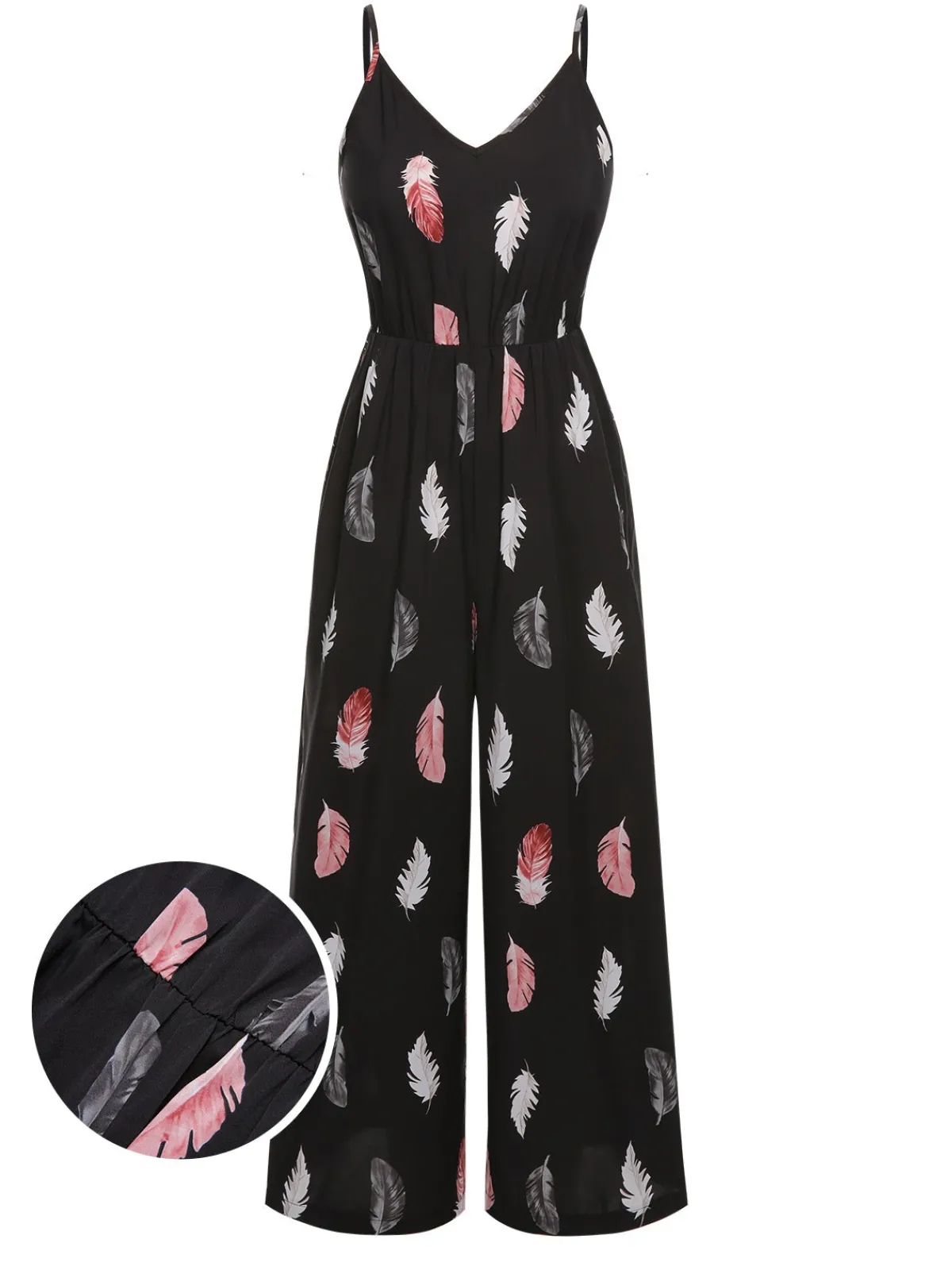Hot Retro Stage 1930s Feather Print Spaghetti Strap Jumpsuit Black
