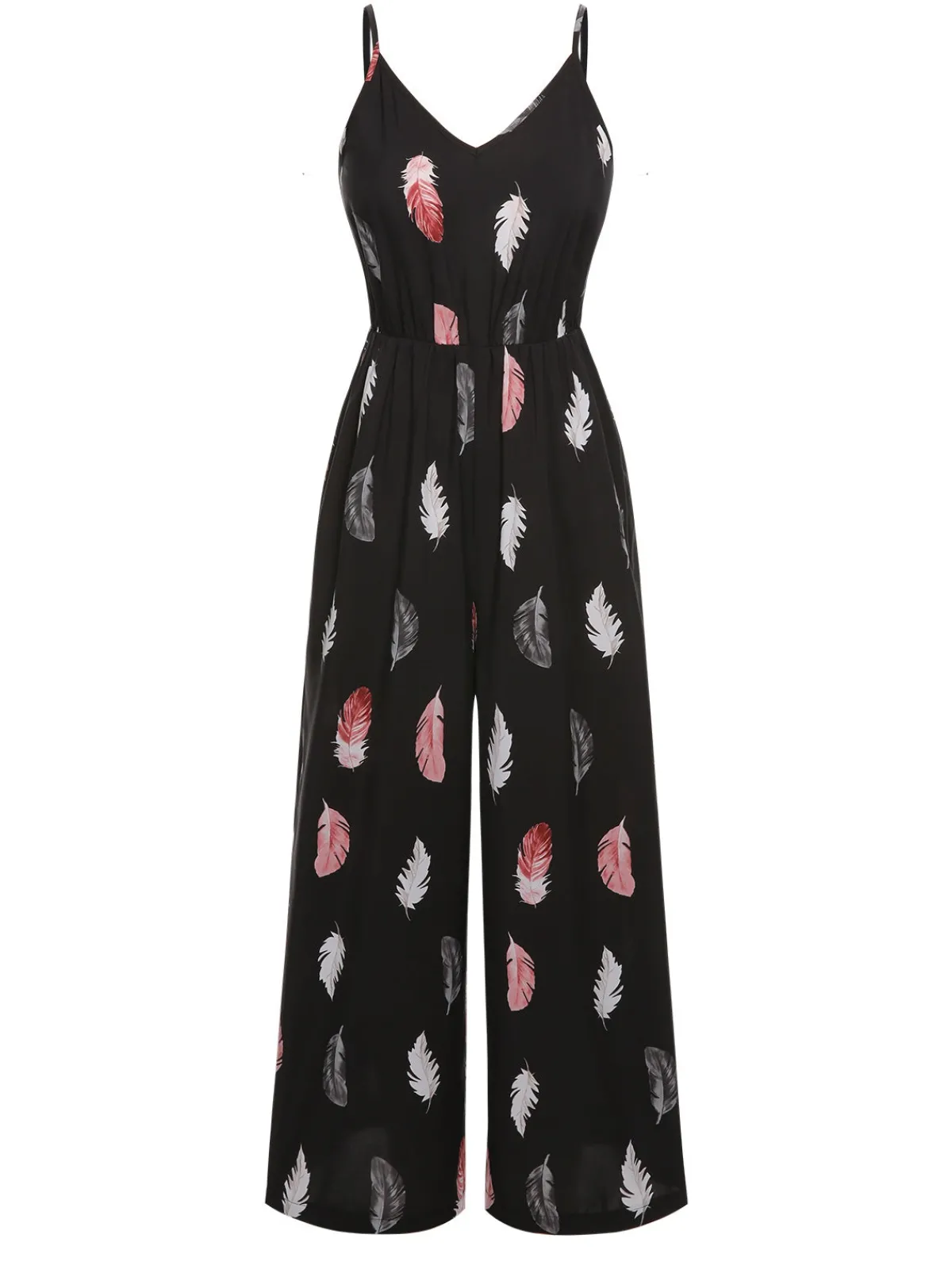 Hot Retro Stage 1930s Feather Print Spaghetti Strap Jumpsuit Black