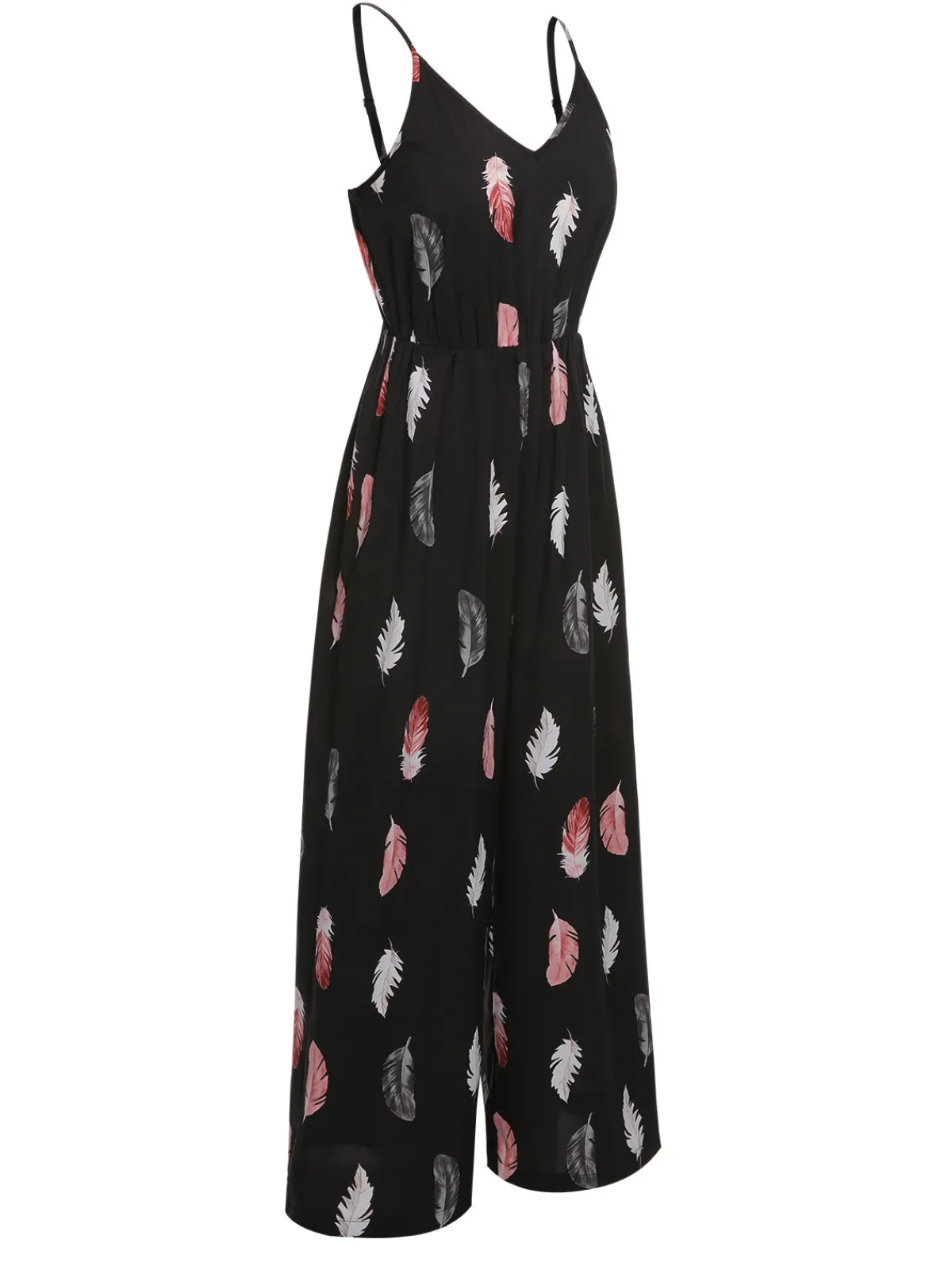Hot Retro Stage 1930s Feather Print Spaghetti Strap Jumpsuit Black