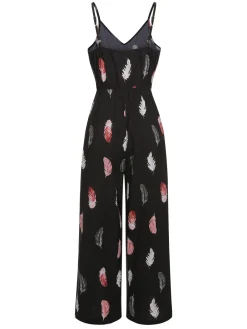 Hot Retro Stage 1930s Feather Print Spaghetti Strap Jumpsuit Black