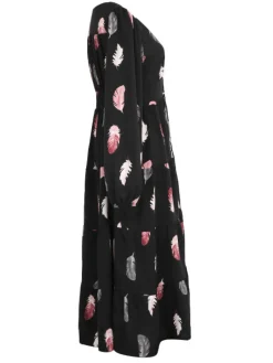 Outlet Retro Stage 1930s Feather V-Neck Buttoned Dress Black