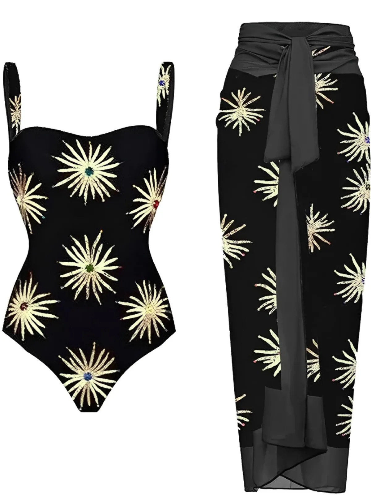 Fashion Retro Stage 1960s Firework Gilded One-Piece Swimsuit & Cover-Up Black