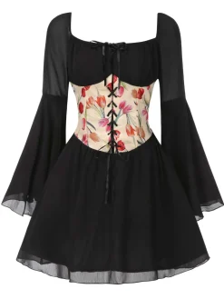 Outlet Retro Stage 1960s Flare Sleeve Floral Corset Mini Dress Black