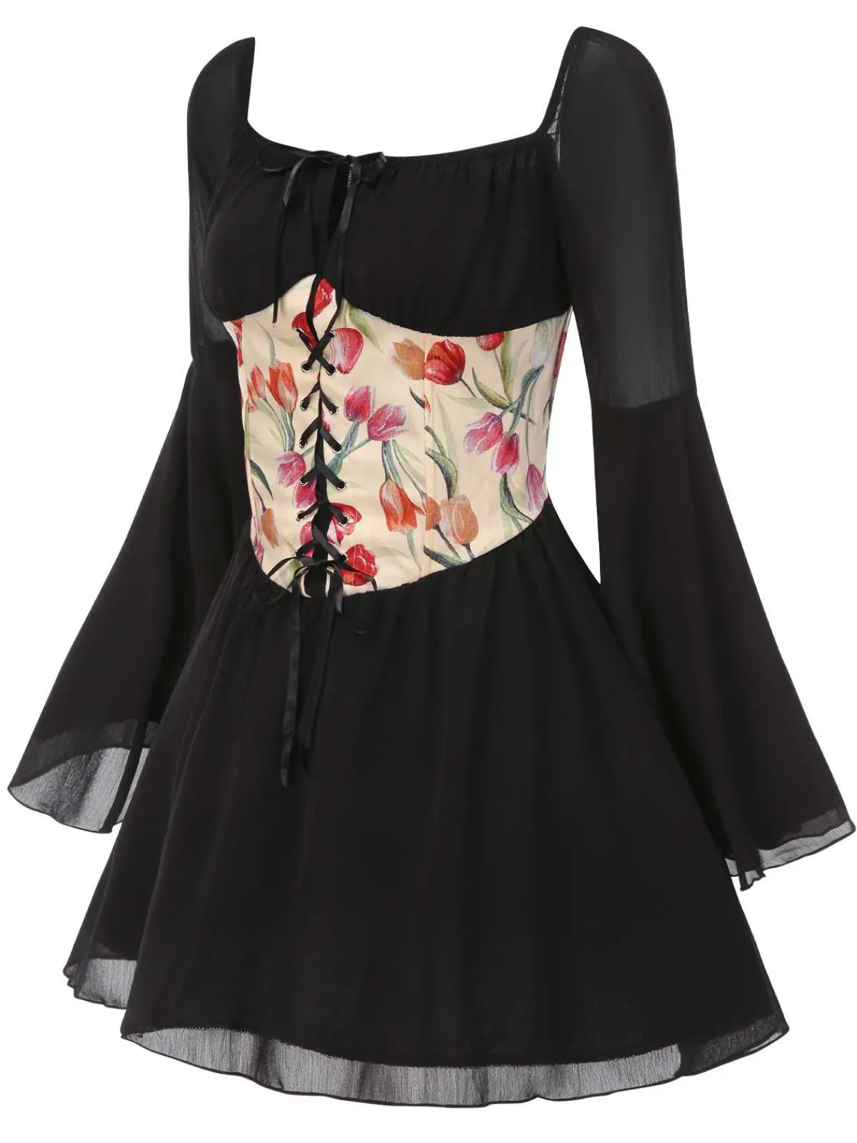Outlet Retro Stage 1960s Flare Sleeve Floral Corset Mini Dress Black