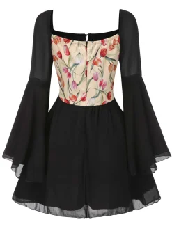 Outlet Retro Stage 1960s Flare Sleeve Floral Corset Mini Dress Black