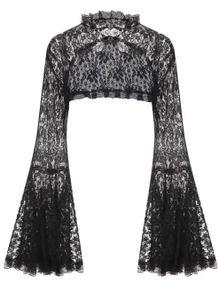 Online Retro Stage 1970s Flare Sleeved Lace Sheer Cape Black