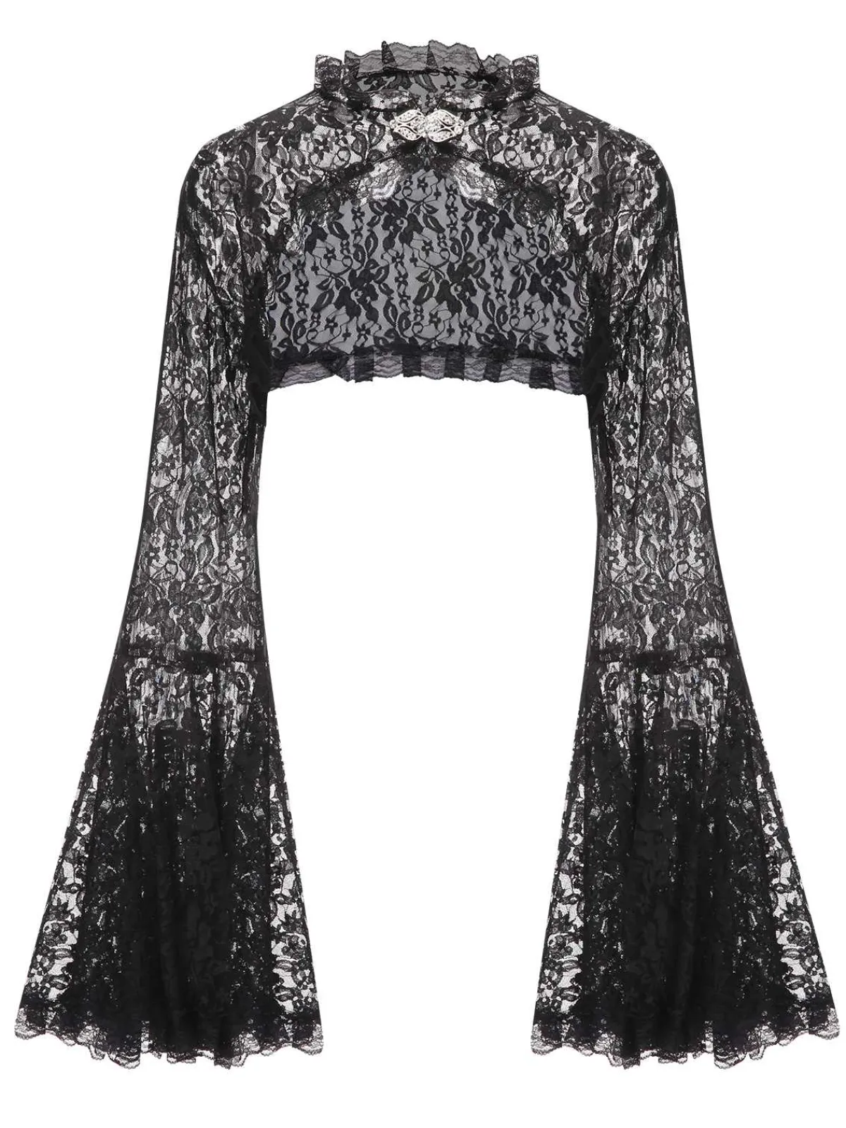 Online Retro Stage 1970s Flare Sleeved Lace Sheer Cape Black