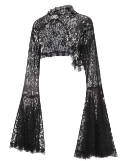 Online Retro Stage 1970s Flare Sleeved Lace Sheer Cape Black