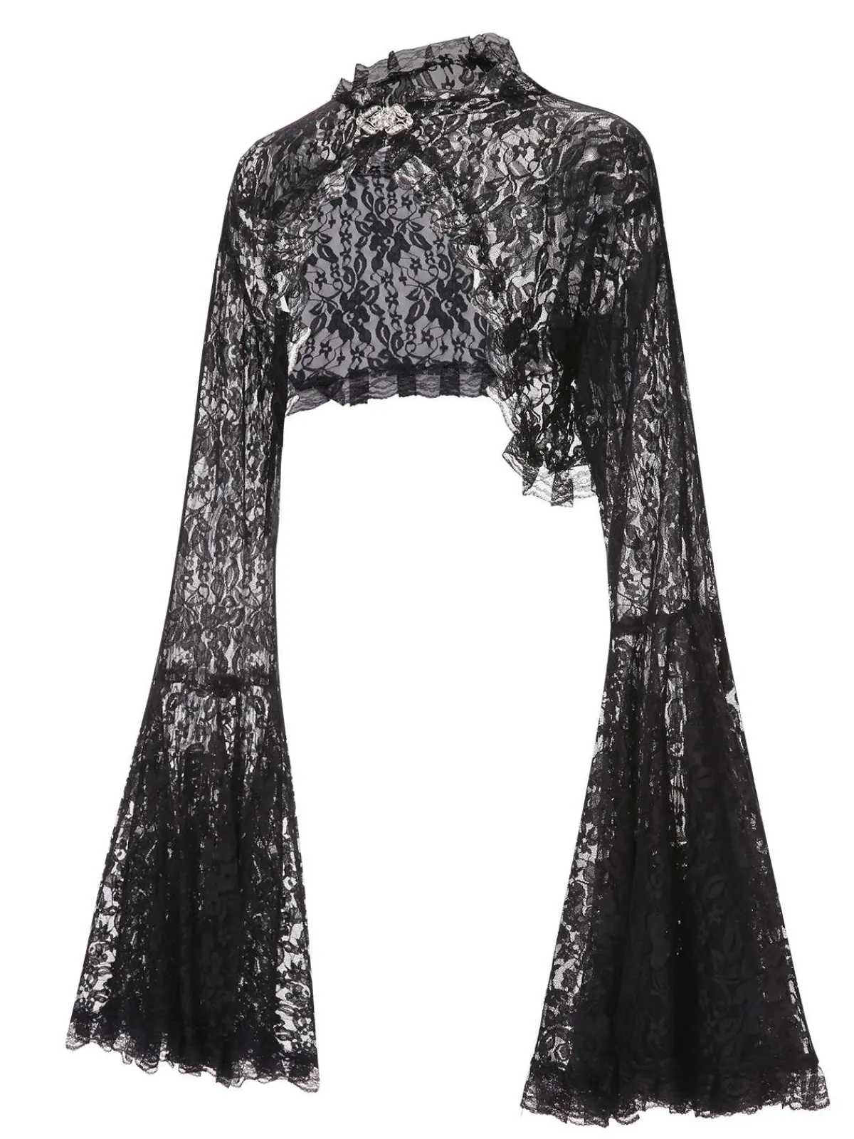 Online Retro Stage 1970s Flare Sleeved Lace Sheer Cape Black