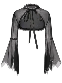 Outlet Retro Stage 1950s Flare Sleeved Lace-Up Sheer Cape Black