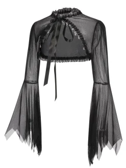 Outlet Retro Stage 1950s Flare Sleeved Lace-Up Sheer Cape Black