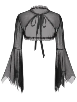 Outlet Retro Stage 1950s Flare Sleeved Lace-Up Sheer Cape Black