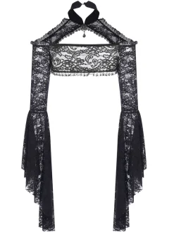 Outlet Retro Stage 1960s Flare Sleeved Lace Rhinestone Sheer Cape Black