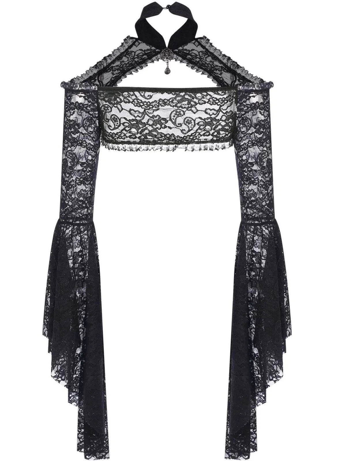 Outlet Retro Stage 1960s Flare Sleeved Lace Rhinestone Sheer Cape Black