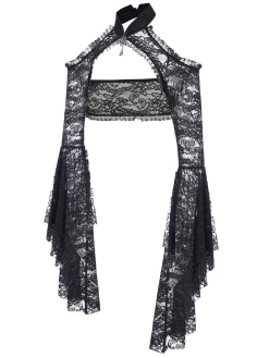 Outlet Retro Stage 1960s Flare Sleeved Lace Rhinestone Sheer Cape Black