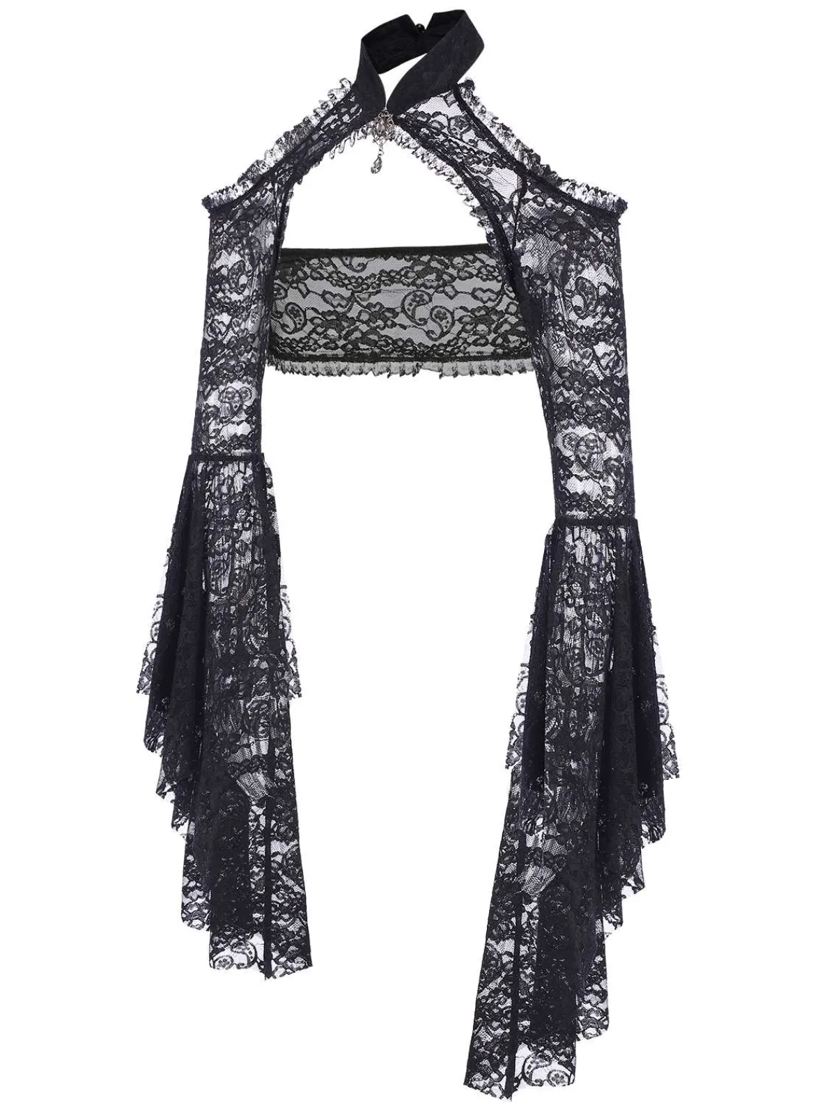 Outlet Retro Stage 1960s Flare Sleeved Lace Rhinestone Sheer Cape Black