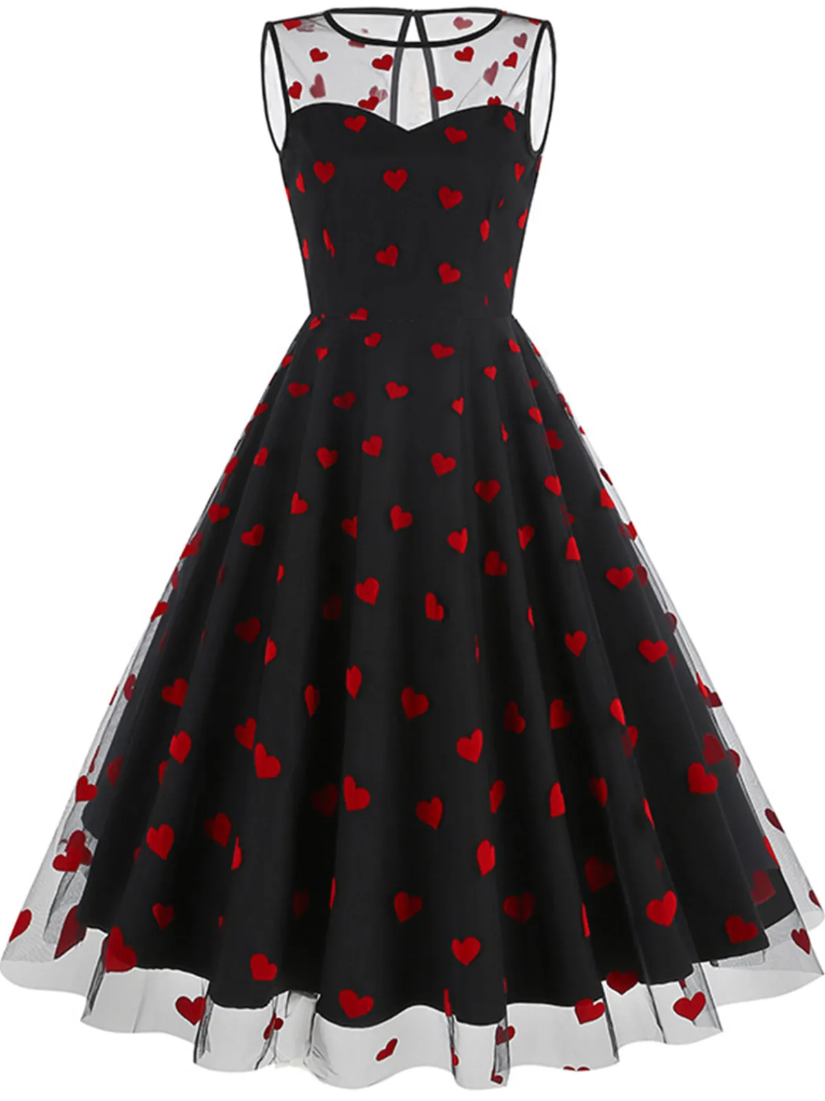 Online Retro Stage Black 1950s Flocked Heart Mesh Patchwork Dress