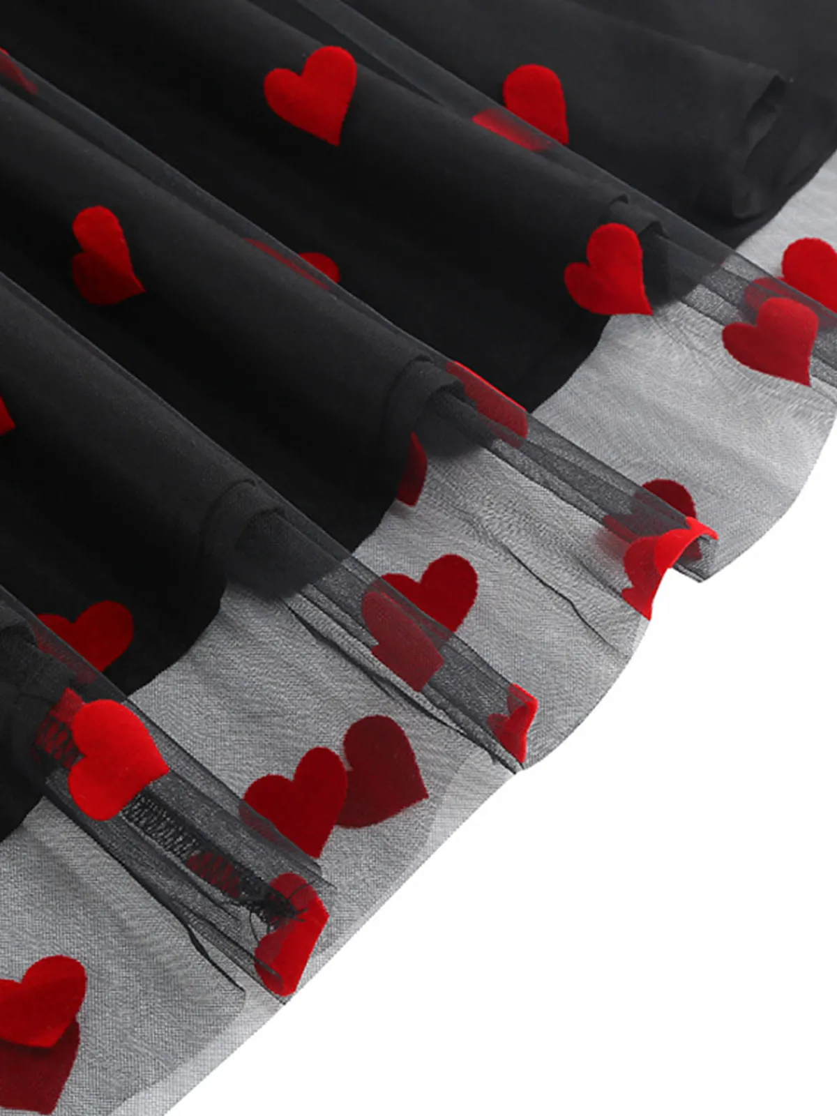Online Retro Stage Black 1950s Flocked Heart Mesh Patchwork Dress