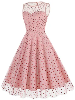 Online Retro Stage Black 1950s Flocked Heart Mesh Patchwork Dress