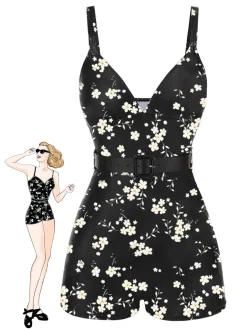 Hot Retro Stage Black 1940s Floral Boxer Straps Swimsuit