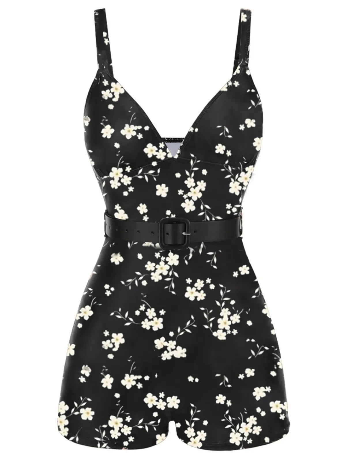 Hot Retro Stage Black 1940s Floral Boxer Straps Swimsuit