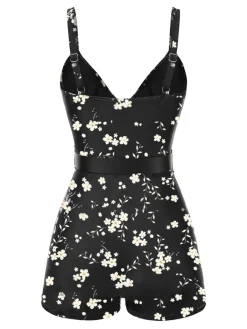 Hot Retro Stage Black 1940s Floral Boxer Straps Swimsuit