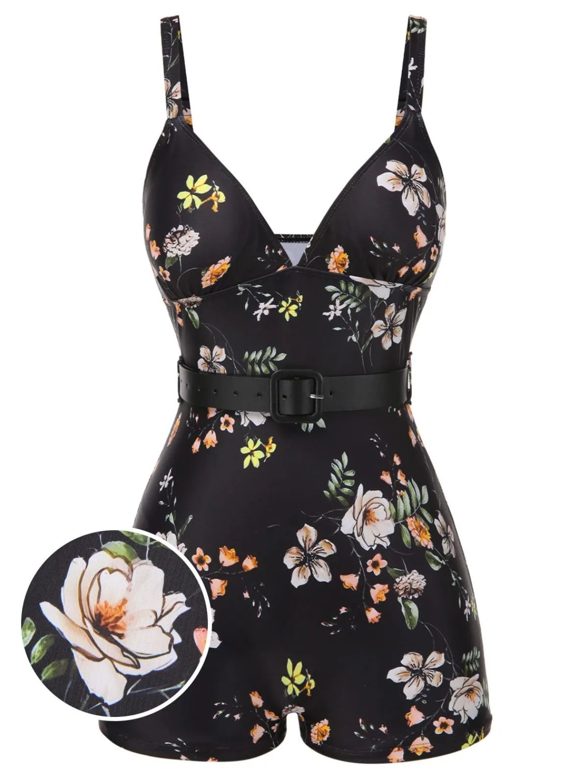 Hot Retro Stage Black 1940s Floral Boxer Straps Swimsuit