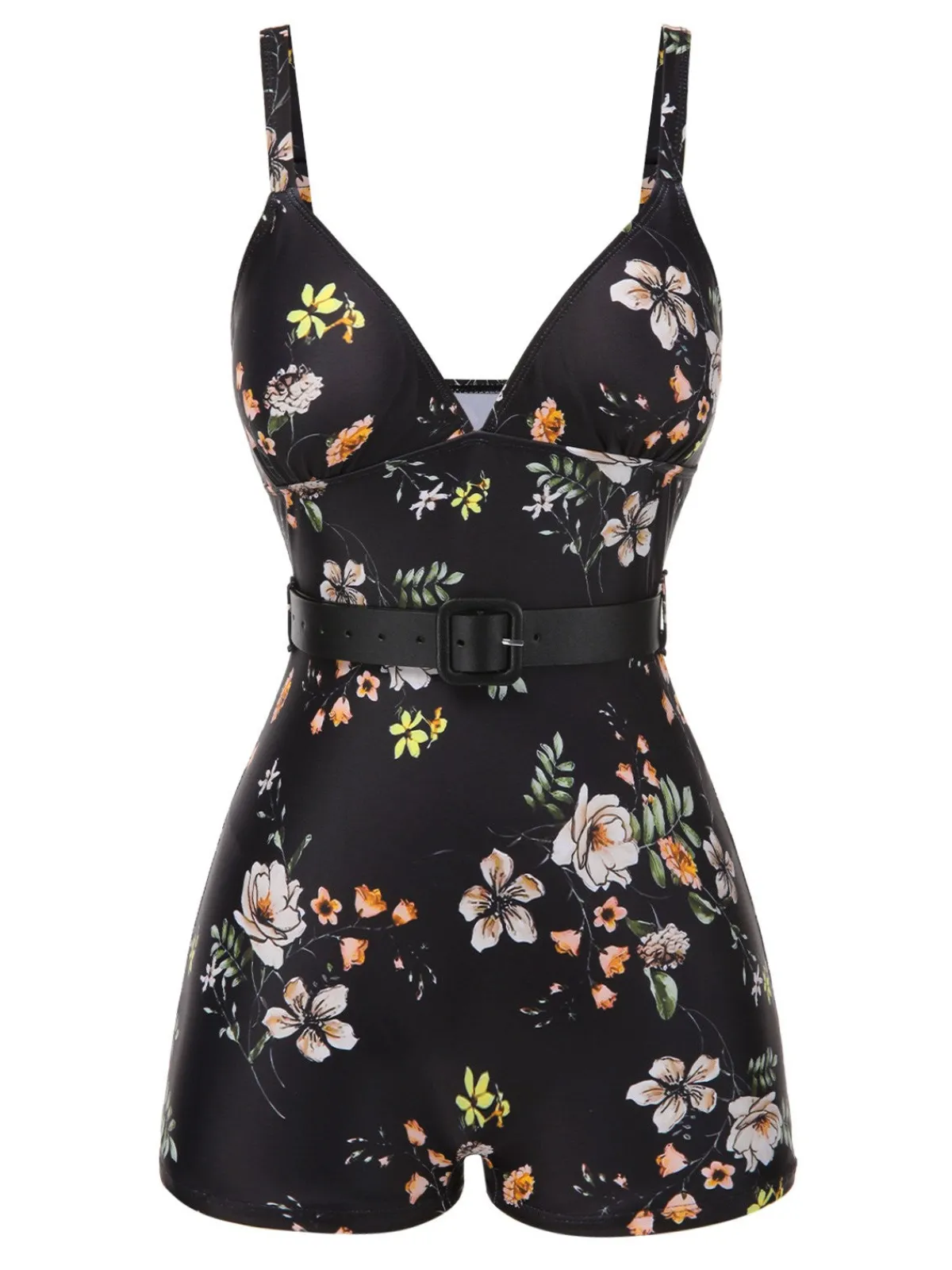 Hot Retro Stage Black 1940s Floral Boxer Straps Swimsuit
