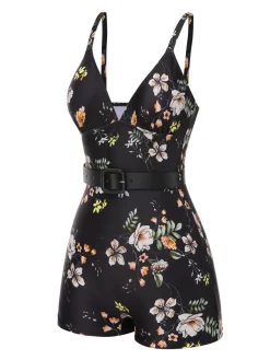 Hot Retro Stage Black 1940s Floral Boxer Straps Swimsuit