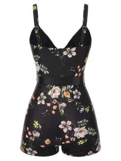 Hot Retro Stage Black 1940s Floral Boxer Straps Swimsuit