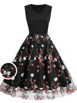 Hot Retro Stage 1950s Floral Embroidered Patchwork Dress Black