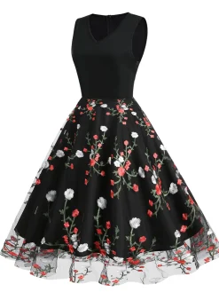 Hot Retro Stage 1950s Floral Embroidered Patchwork Dress Black
