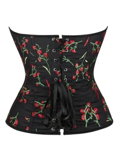 Clearance Retro Stage 1970s Floral Embroidered Corset Top Black