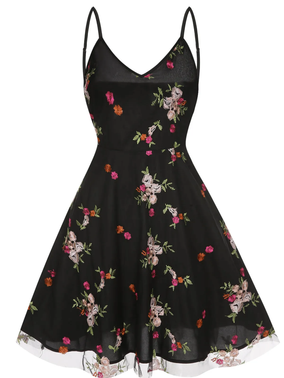 Outlet Retro Stage 1970s Floral Embroidered Mesh Strap Dress Black