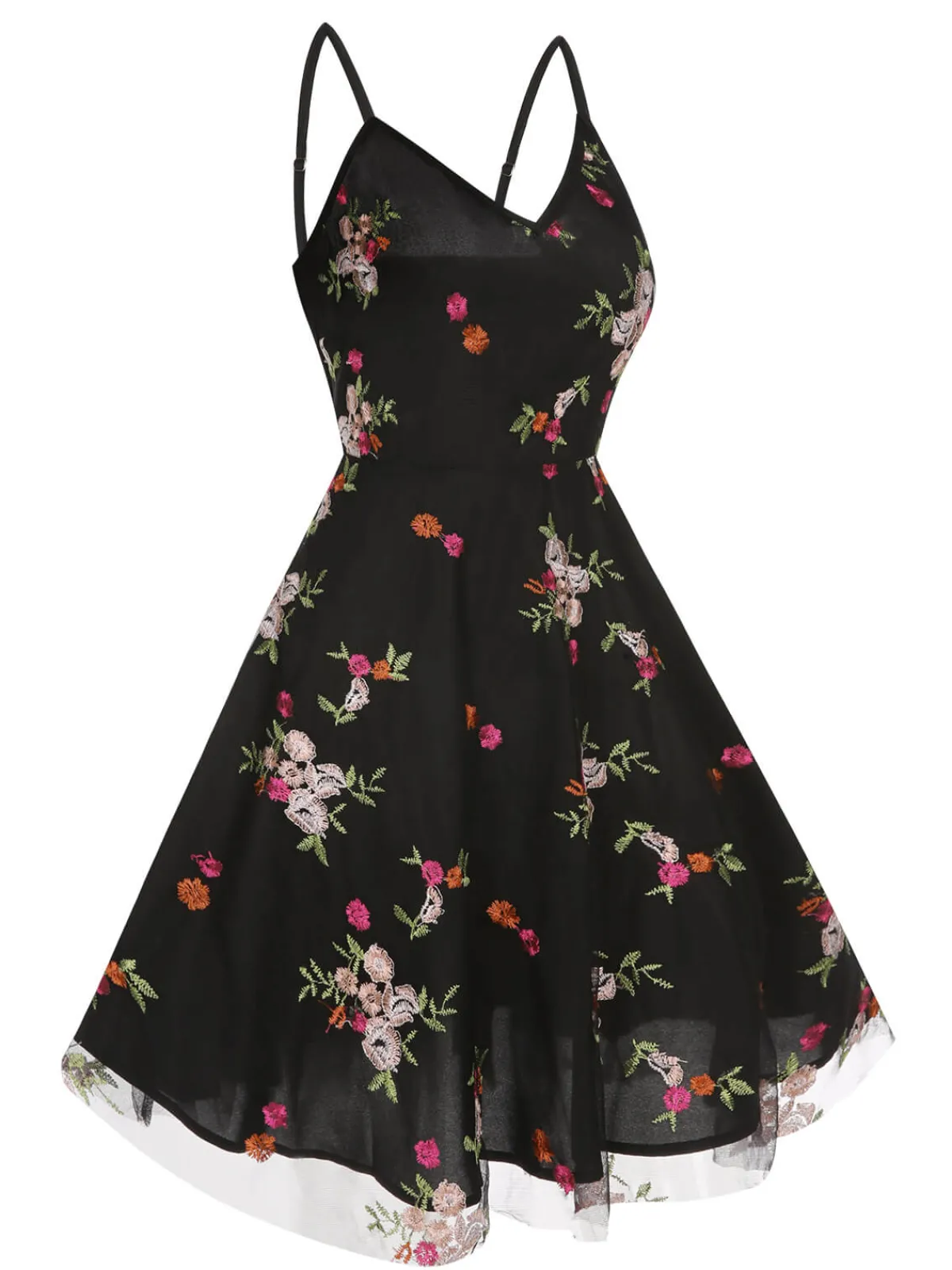 Outlet Retro Stage 1970s Floral Embroidered Mesh Strap Dress Black