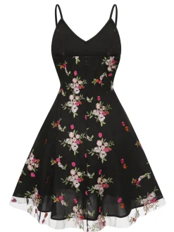 Outlet Retro Stage 1970s Floral Embroidered Mesh Strap Dress Black