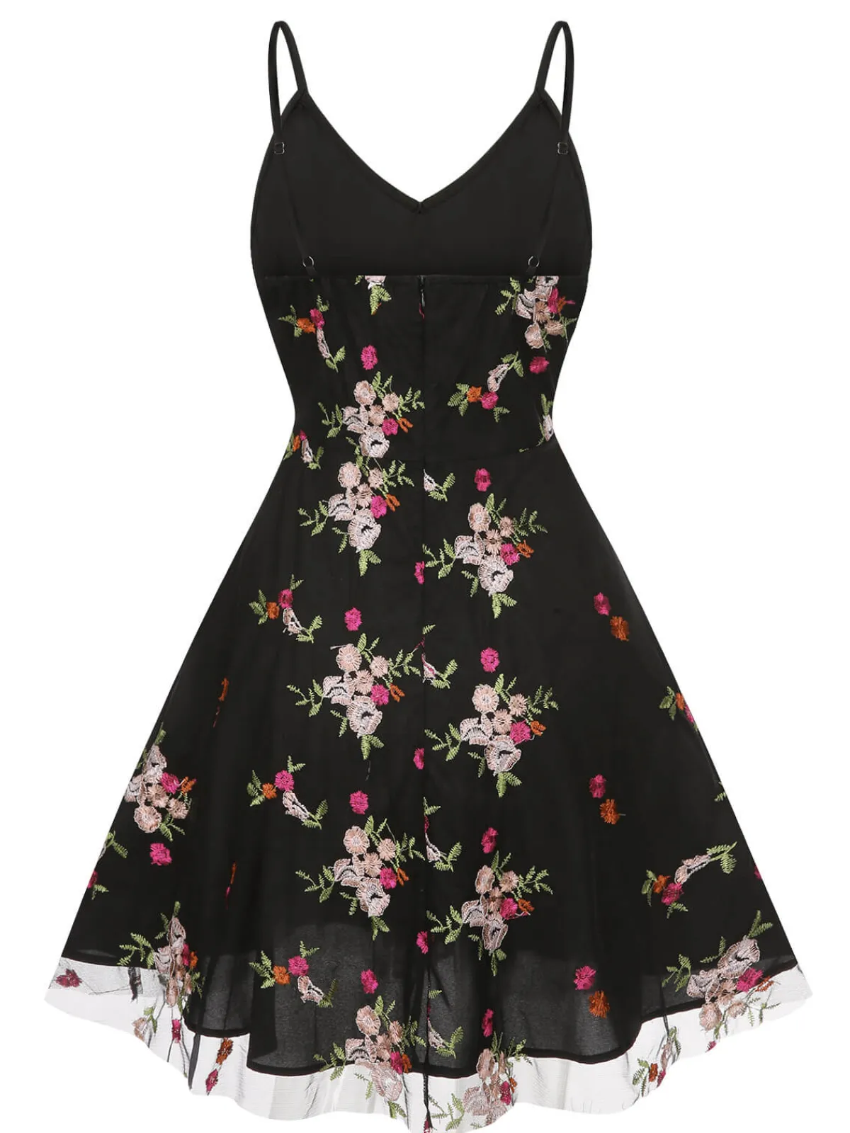Outlet Retro Stage 1970s Floral Embroidered Mesh Strap Dress Black